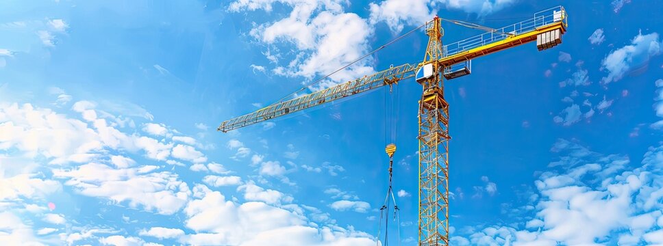 A large yellow tower crane is working on a construction site against a blue sky with white clouds.
