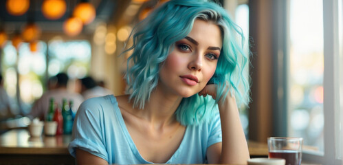 Fototapeta premium An attractive young blonde is sitting in a cafe,