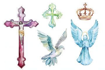 Holy Trinity symbols. Cross, crown and dove of Holy Spirit. Watercolor christian symbols against white background. Vector illustration.