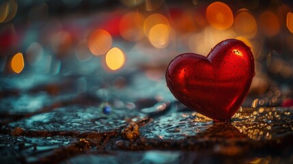 Fototapeta premium Sparkling red heart on a wet surface with blurred lights