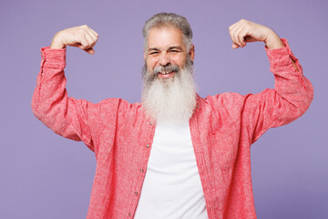 Young elderly gray-haired mustache bearded man 50s year old wears pink shirt casual clothes show...