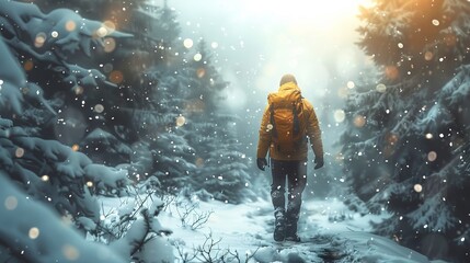 Fototapeta premium A hiker trekking through a snowy landscape