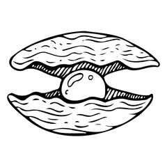 Sea shell with pearl black and white vector illustration. Hand drawn monochrome freshwater pearl mussels for underwater and marine designs