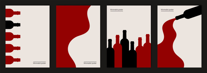 Set of vector illustrations with bottles of wine. Minimalist posters design in red and black colors.