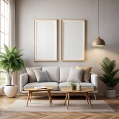 Two Frame mockup, ISO A paper size. Living room wall white poster mockup. interior mockup with house background. Modern interior design. 3D render