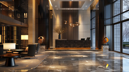  Luxury hotel lobby with sleek reception desk, designer chairs, curated sculptures, elegant lighting fixtures, and wall-to-wall windows. - Powered by Adobe
