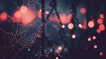  A clear close-up of a spider web against a tree backdrop, with red lights subtly visible in the distance The tree image is slightly blurred, while the background remains