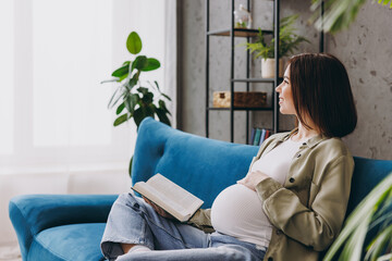 Young pregnant woman with belly wears casual clothes read novel book, study sit on blue sofa couch...