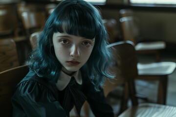 Fototapeta premium young woman with dark blue hair looking pensive
