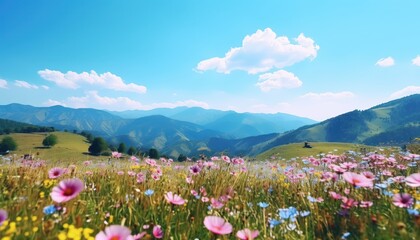 Obraz premium A stunning spring day landscaping views of fertile land surrounded beautiful green vegetation, wide stretches of hills and mountains with clear skies in spring