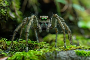 Closeup of a hairy spider with bright green eyes in a mossy forest