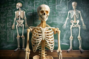 a skeleton model stands at a blackboard