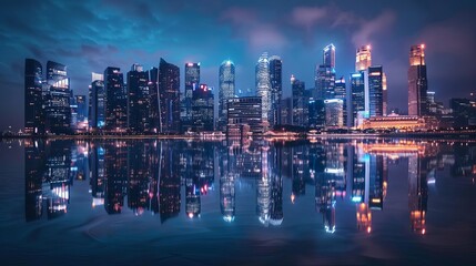 Fototapeta premium Urban skyline at night with illuminated skyscrapers