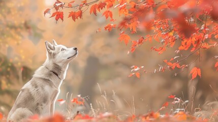  A white dog sits in a field next to a tree with red leaves Leaves fall from the tree above, and the dog gazes upward
