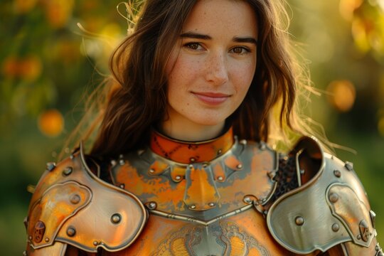woman in ornate armor posing in nature