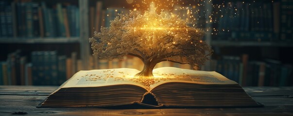 World philosophy day education concept. Magical light, tree of knowledge in old book, library, flying to success, education concept