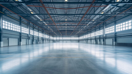 Hangar or industrial building. Protection with security door or roller shutter or overhead door. Interior design with concrete floor, steel structure and empty space for industry background