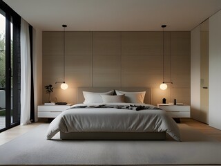 Minimalist bedroom with simple furniture and a neutral color palette, generative AI