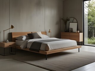 Minimalist bedroom with simple furniture and a neutral color palette, generative AI