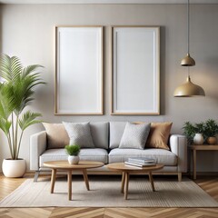 Two Frame mockup, ISO A paper size. Living room wall white poster mockup. interior mockup with house background. Modern interior design. 3D render