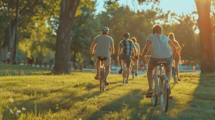 Fototapeta premium Friends riding bicycles to a park party.