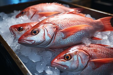 Fresh fish on ice in the store. Seafood. Healthy food.