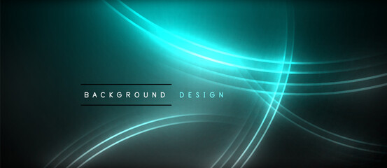 Neon glowing circle rays, light round lines in the dark, planet style neon wave lines. Energetic electric concept design for wallpaper, banner, background
