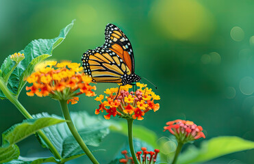A close-up shot of an orange and black monarch butterfly perched on colorful lantana flowers, with a blurred green background. Created with Ai