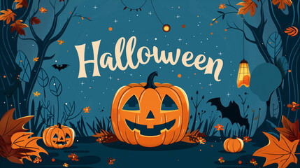 A spooky Halloween scene featuring jack-o-lantern pumpkins and flying bats