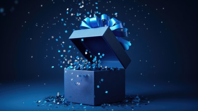 Blue open gift box with bow isolated on blue background