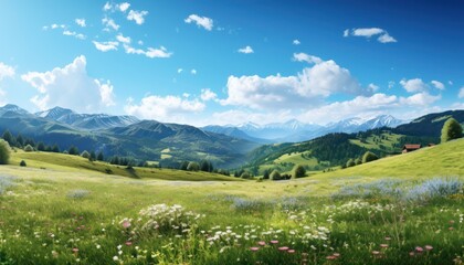 Obraz premium A stunning spring day landscaping views of fertile land surrounded beautiful green vegetation, wide stretches of hills and mountains with clear skies in spring