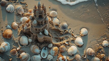 Fototapeta premium A top-down shot of seashells around a small sandcastle on the beach.