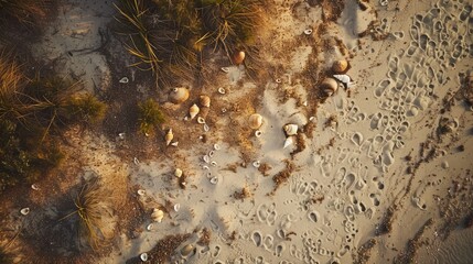An aerial view of a secluded beach area with clusters of seashells and footprints in the sand.