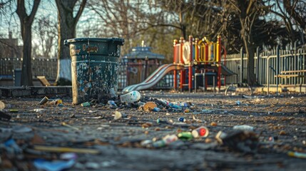 An overflowing trash can in a playground, with litter blowing across the ground.