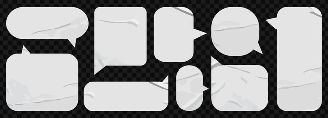 Set of paper textured speech bubbles. Speak bubble text, cartoon chatting box, message box. Blank empty vector white speech bubbles.Realistic quote box frame set.