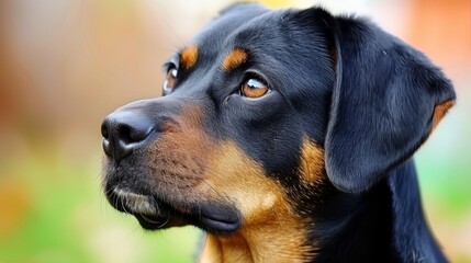 Fototapeta premium A tight shot of a dog gazing off, distant grass and flowers softly blurred in the foreground and background