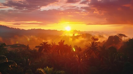 Vivid red sky and clouds during sunset above a tropical forest