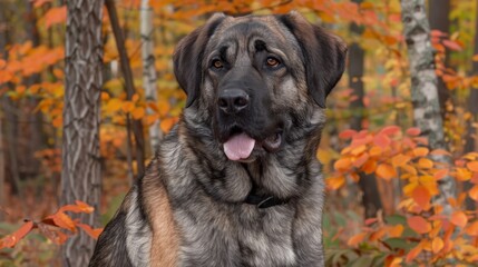  A large dog, brown and black in color, stands before a forest Trees, adorned with orange and yellow leaves, fill the scene behind The dog gazes directly into the