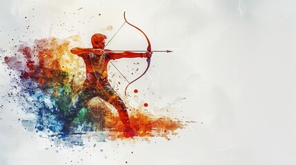 An archery player aiming at a target in a simple watercolor illustration isolated on a white background
