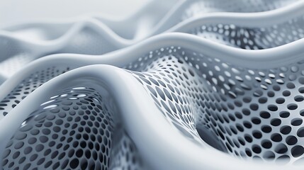 White abstract 3D rendering of a wavy surface with holes.