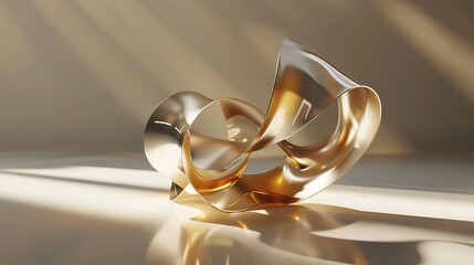 3D rendering of a gold-colored metal sculpture. The sculpture is made up of two curved bands of metal that are intertwined.