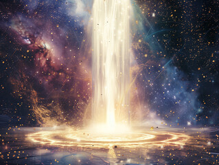 Cosmic Serenity: Galaxy Vortex and Ethereal White Waterfall, Dreamlike Poster with Golden Stardust Sprinkling Across a Starlit Terrain