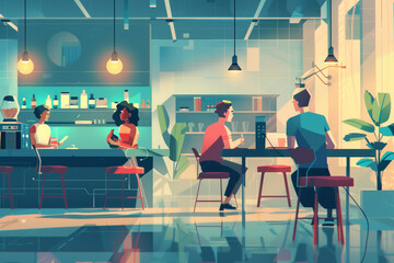 People eating and drinking coffee while working in co working space. Futuristic office life, discussing a project, teamwork concept, holographic display.