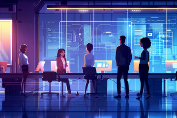 People working in futuristic workplace with Holographic Interfaces and Modern Technology. Overtime, teamwork and colleagues planning for innovation.