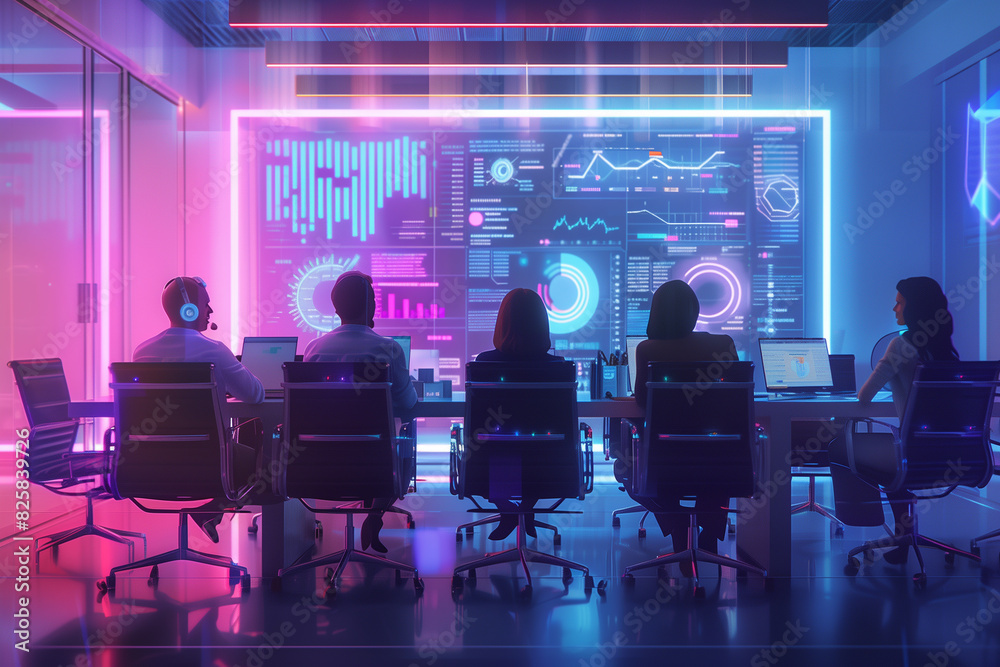 Wall mural Business people meeting in futuristic office setting with holographic data visualization. Digital technology for marketing data analysis and investment decision making