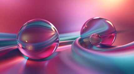 3D rendering of two glass spheres on a glossy surface. The spheres are transparent and reflect the colors of the surface.