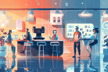 People eating and drinking coffee while working in co working space. Futuristic office life, discussing a project, teamwork concept, holographic display.