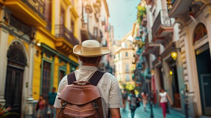 A man wearing a straw hat and a brown backpack walks down a street