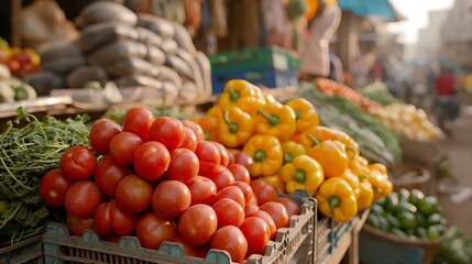 A variety of fresh vegetables, including tomatoes and bell peppers, displayed at an outdoor market stall, highlighting the abundance of local produce.
