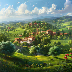 A peaceful village nestled in the countryside, surrounded by rolling hills: Graphic background for decorating works, mobile screens, or as a background image.
